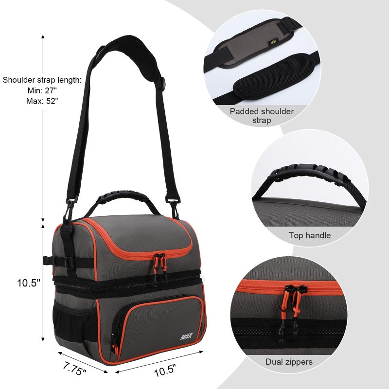 MIER 2 Compartment Lunch Bag Tote with Shoulder Strap for Men and Women Insulated Leakproof Cooler Bag  Grey/Orange - Image 4